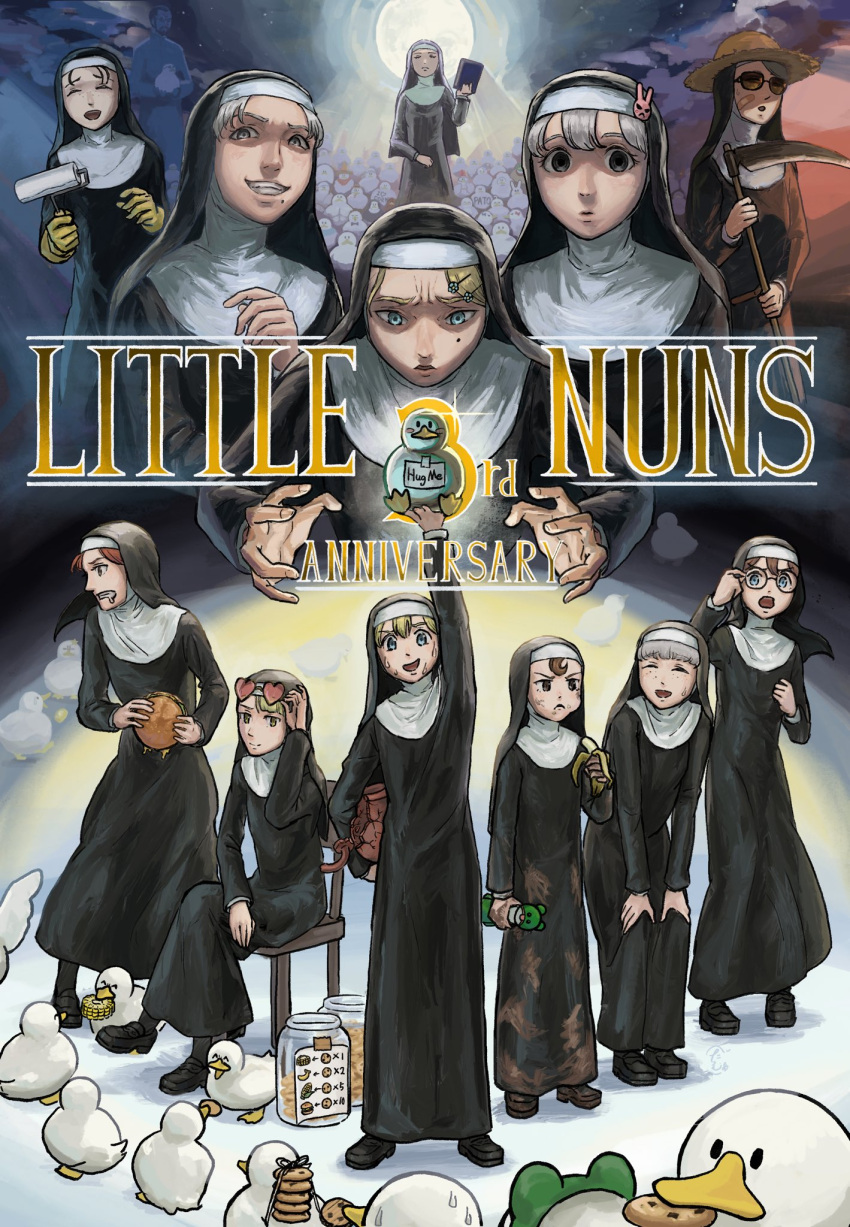 1boy, 6+girls, bandaid, bird, blonde_hair, broken, brown_hair, bunny_nun_(diva)