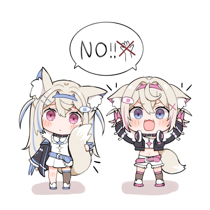 2girls, animal_collar, animal_ear_fluff, animal_ears, bandaid_hair_ornament, belt, black_collar, black_jacket