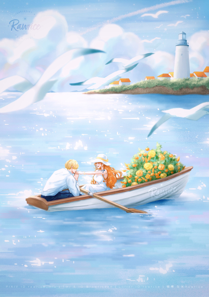 1boy, 1girl, 2021, absurdres, arm_tattoo, artist_name, bird, blonde_hair, blue_sky, bracelet, canoe, chinese_commentary, closed_eyes, closed_mouth, clouds, day, dress, earrings, english_commentary, english_text, facial_hair, goatee, hat, hetero, highres, holding, holding_oar, jewelry, kiss, kissing_hand, lighthouse, long_hair, nami_(one_piece), oar, ocean, one_piece, orange_hair, outdoors, rawriceee, rowboat, rowing, sanji_(one_piece), seagull, short_hair, signature, sitting, sky, smile, tattoo, teeth, water, web_address, white_dress, white_headwear