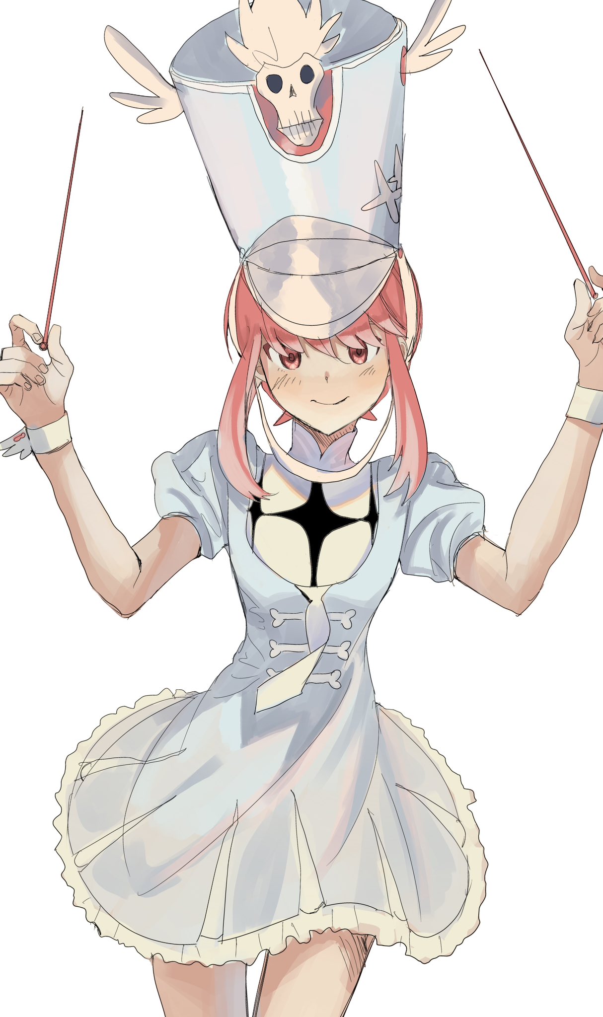 1girl, baton_(conducting), bub_bub20, cropped_legs, dress, hat, highres, jakuzure_nonon, kill_la_kill, looking_at_viewer, pink_eyes, pink_hair, puffy_sleeves, short_dress, sidelocks, simple_background, smile, solo, white_background, white_dress, wrist_cuffs