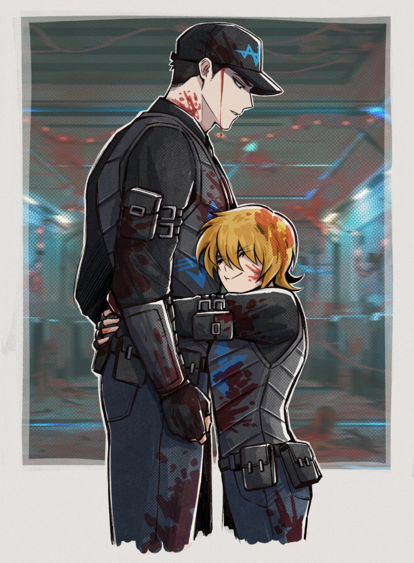 1boy, 1girl, 4indroid, armor, baseball_cap, belt, belt_pouch, black_hair