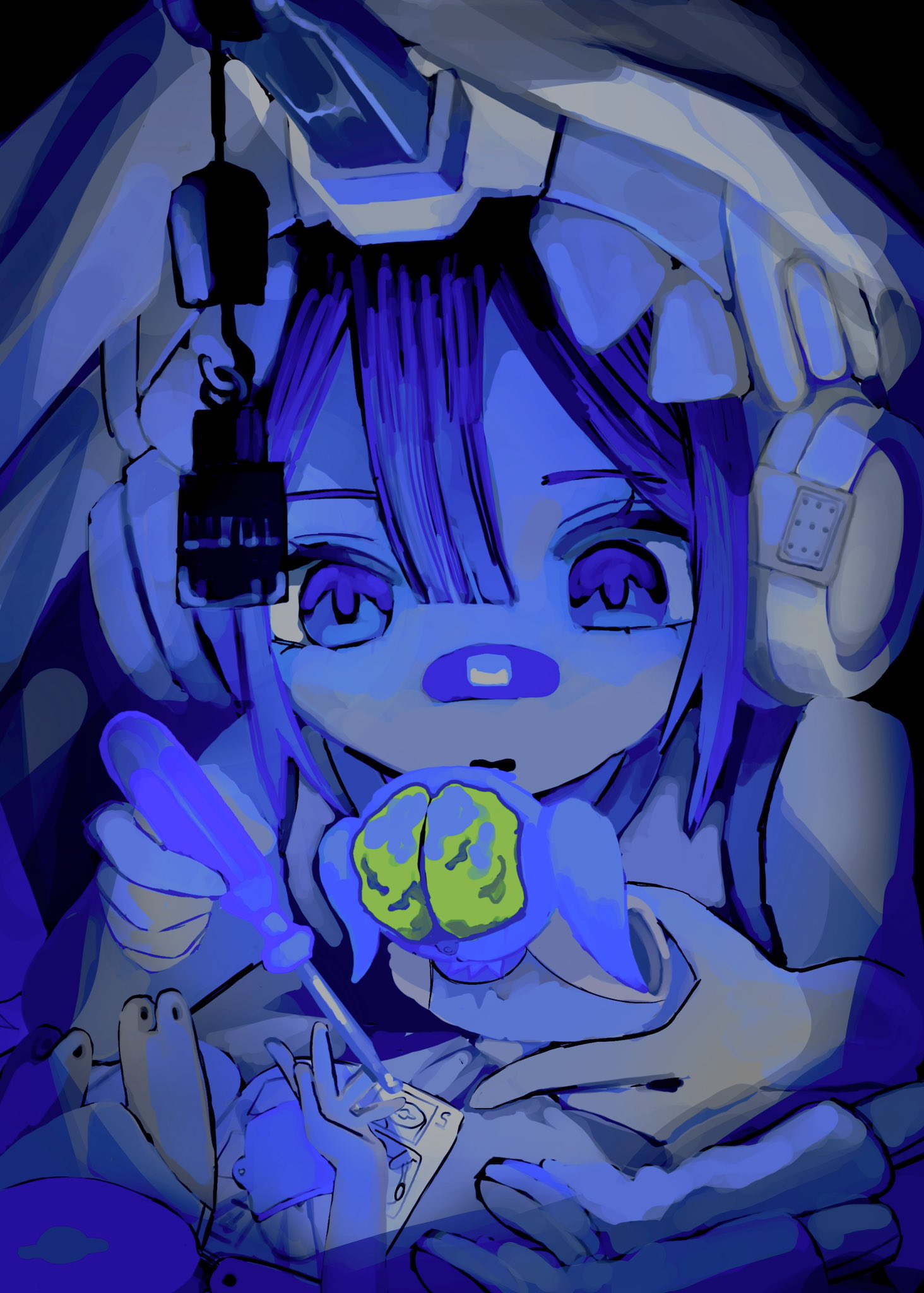 1girl, bandaid, bandaid_on_face, bandaid_on_nose, blue_eyes, blue_hair, commentary, figure