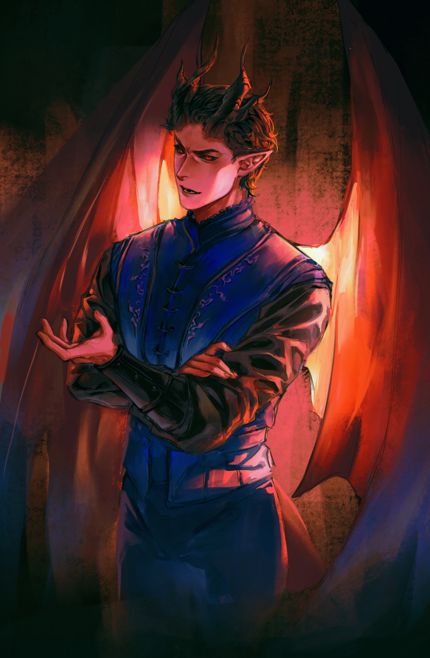 1boy, absurdres, baldur's_gate, baldur's_gate_3, black_hair, black_sclera, black_shirt, blue_pants