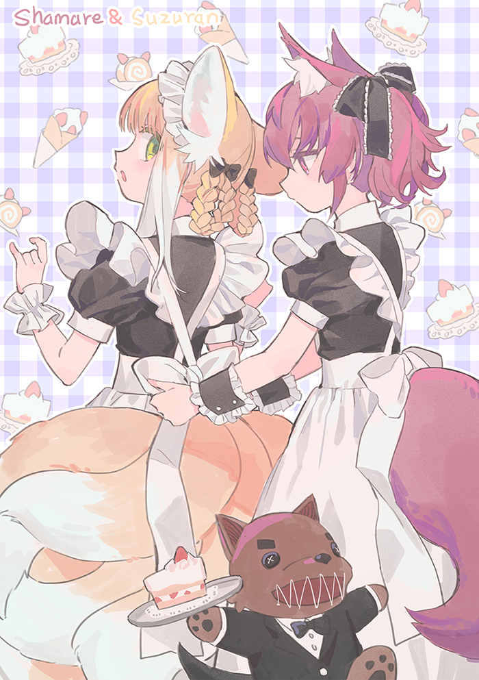 2girls, alternate_costume, animal_ear_fluff, animal_ears, apron, arknights, back_bow, black_dress