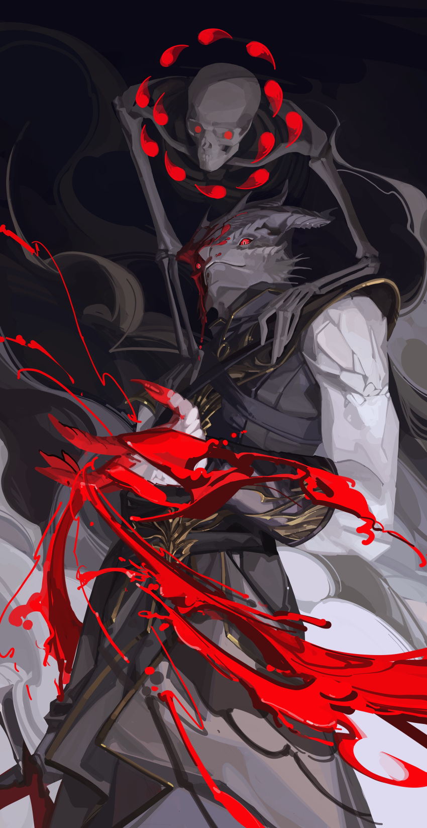 1boy, absurdres, baldur's_gate, baldur's_gate_3, black_background, black_robe, blood, blood_on_face, blood_on_hands, collared_robe, cowboy_shot, dragon_boy, dungeons_and_dragons, fingernails, from_below, furry, furry_male, glowing, glowing_eyes, hemokinesis, highres, holding, holding_sword, holding_weapon, horns, male_focus, red_eyes, robe, scales, sharp_fingernails, sin_node, skeleton, slit_pupils, smoke, solo, standing, sword, vambraces, weapon