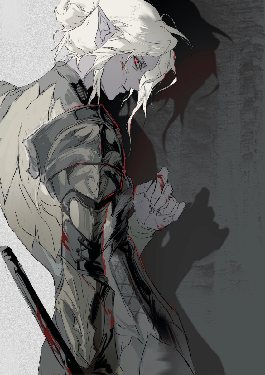 1girl, armor, baldur's_gate, baldur's_gate_3, blood, blood_on_face, blood_on_hands, blood_on_weapon