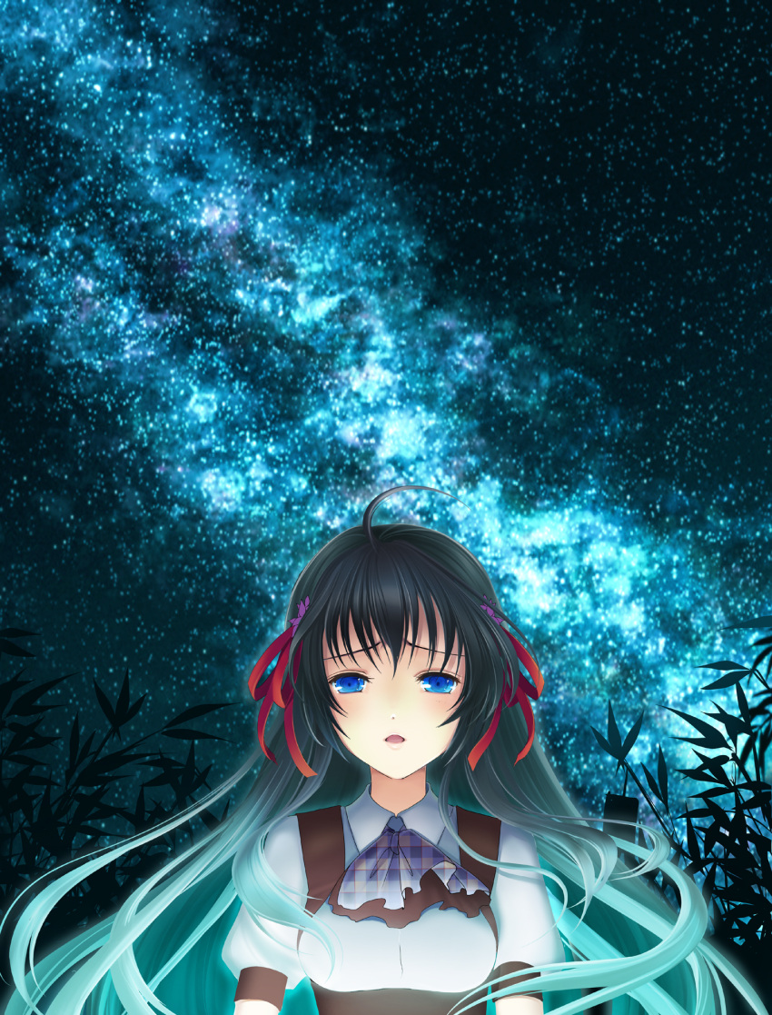 black_hair, blue_eyes, hair_ribbon, highres, long_hair, night, original, ouka_mai