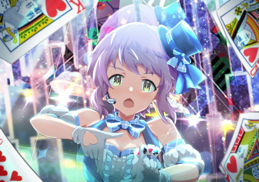 1girl, :o, blue_bow, blue_bowtie, blue_dress, blue_headwear, bow, bowtie