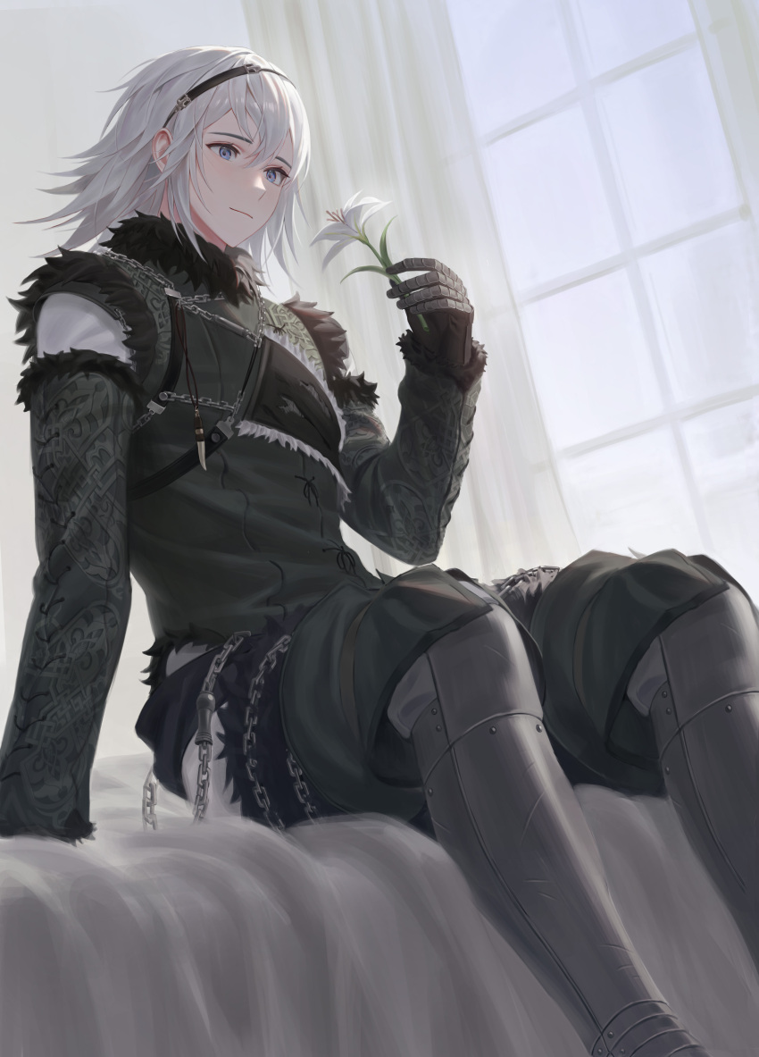 1boy, absurdres, aheuretokki, armored_boots, black_gloves, blue_eyes, boots, chain