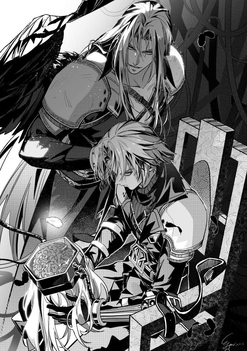 1boy, armor, belt, brain, chair, chest_strap, final_fantasy, final_fantasy_vii