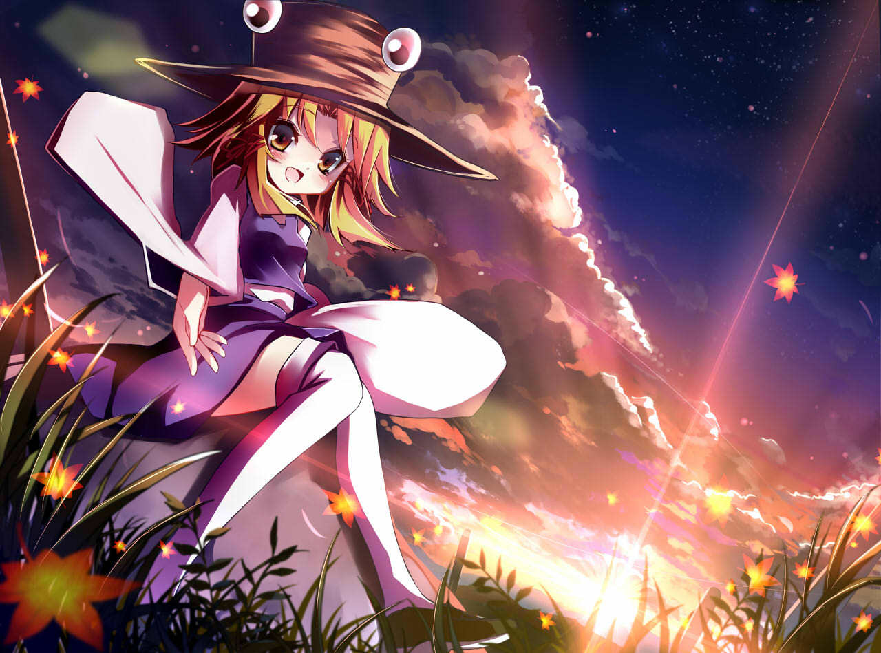 detached_sleeves, grass, jpeg_artifacts, looking_at_viewer, moriya_suwako, sho_(artist), smile, stocking