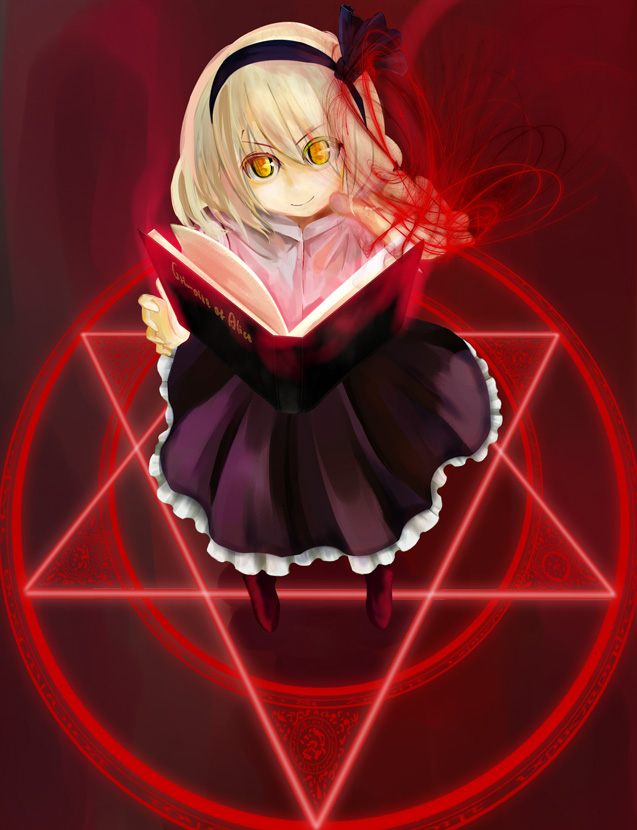 alice_margatroid, alice_margatroid_(pc-98), alternate_color, bad_id, blonde_hair, book, hairband, hato_return, hexagram, magic, magic_circle, short_hair, smile, solo, touhou, touhou_(pc-98), yellow_eyes