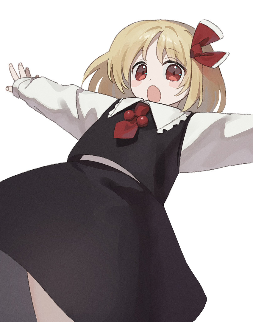 1girl, :o, ascot, black_dress, blonde_hair, dress, highres, medium_bangs