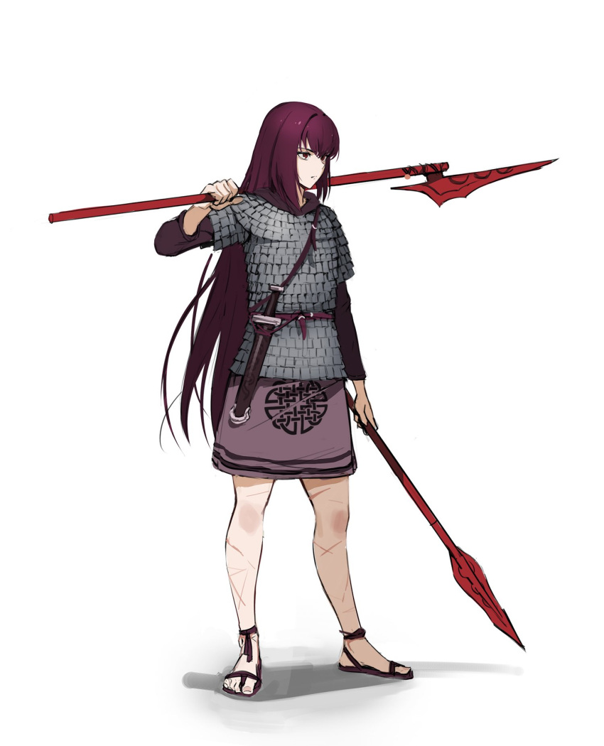 1girl, alternate_weapon, armor, celtic, celtic_knot, duplicate, fate/grand_order, fate_(series), gae_bolg_(fate), highres, holding, holding_polearm, holding_weapon, jason_kim, kilt, polearm, purple_hair, red_eyes, scabbard, scar, scathach_(fate), sheath, short_sword, spear, sword, weapon