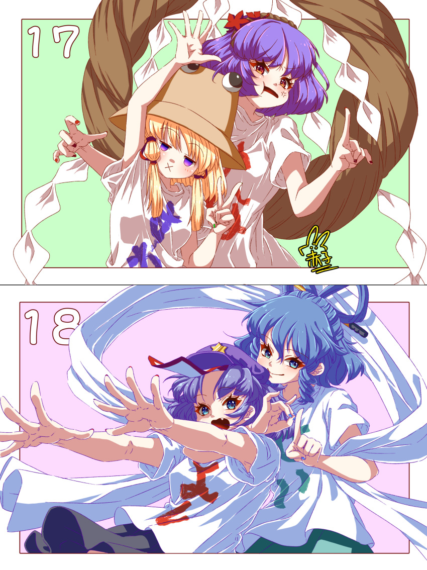 4girls, alternate_costume, anger_vein, angry, black_skirt, blonde_hair, blue_eyes, blue_hair