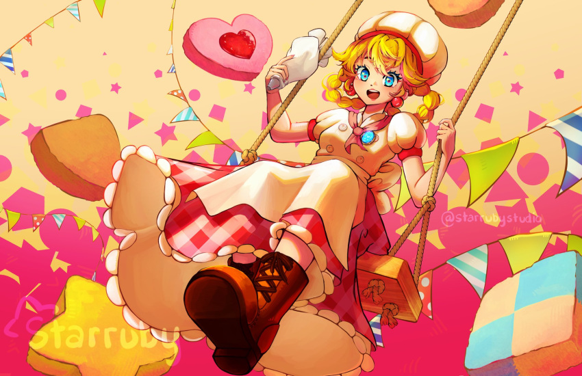 1girl, apron, artist_name, blonde_hair, blue_eyes, boots, braid, brown_footwear, chef_hat, cookie, earrings, flag, food, hat, heart-shaped_cookie, highres, jewelry, looking_at_viewer, neckerchief, official_alternate_costume, open_mouth, pastry_bag, pastry_chef_peach, pink_neckerchief, princess_peach, princess_peach:_showtime!, solo, sphere_earrings, star-shaped_cookie, starrubystudio, super_mario_bros., swing_set, teeth, upper_teeth_only, watermark, white_apron
