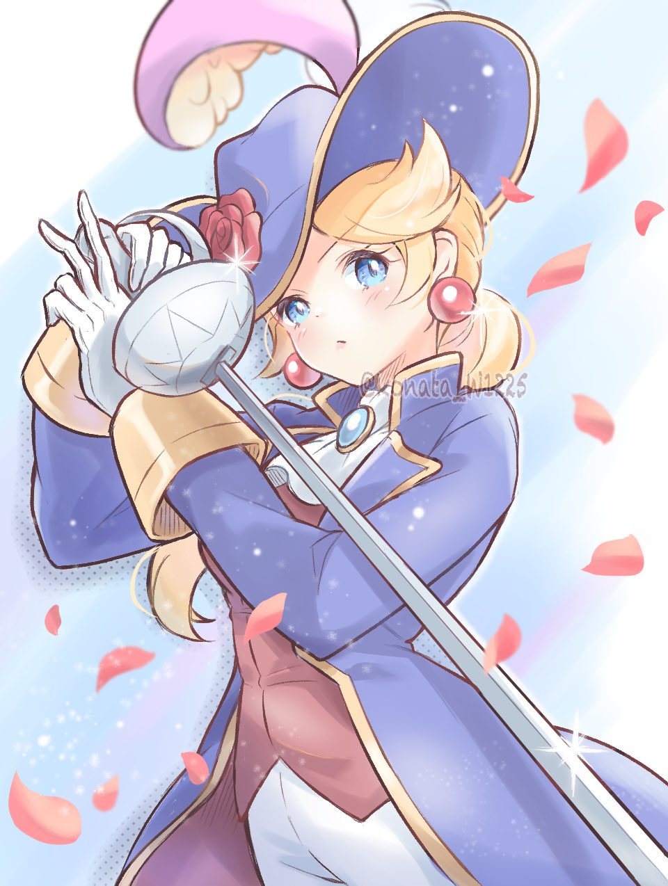 1girl, aristocratic_clothes, artist_name, ascot, blonde_hair, blue_background, blue_eyes, blue_headwear