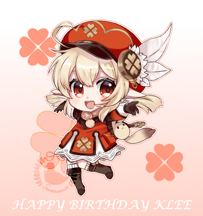 1girl, :d, ahoge, backpack, bag, black_gloves, blonde_hair, boots