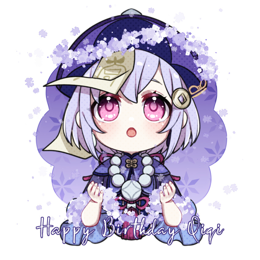 1girl, :o, blue_dress, commentary, cropped_jacket, cropped_torso, dress, english_commentary, flower, genshin_impact, hair_between_eyes, hair_ornament, hands_up, happy_birthday, hat, highres, jacket, nurun_najwah, ofuda, open_mouth, pink_eyes, purple_flower, purple_hair, purple_headwear, purple_jacket, qing_guanmao, qiqi_(genshin_impact), solo, upper_body, white_background