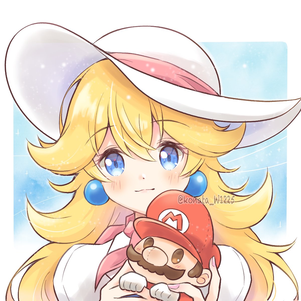 1girl, 1other, artist_name, blonde_hair, blue_eyes, brown_hair, earrings, facial_hair