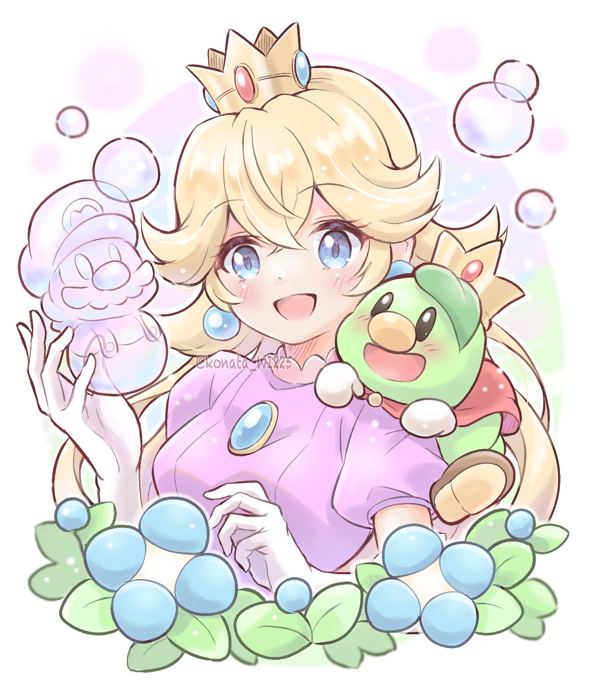 1girl, 1other, animal_on_shoulder, artist_name, blonde_hair, blue_eyes, blue_flower, blush