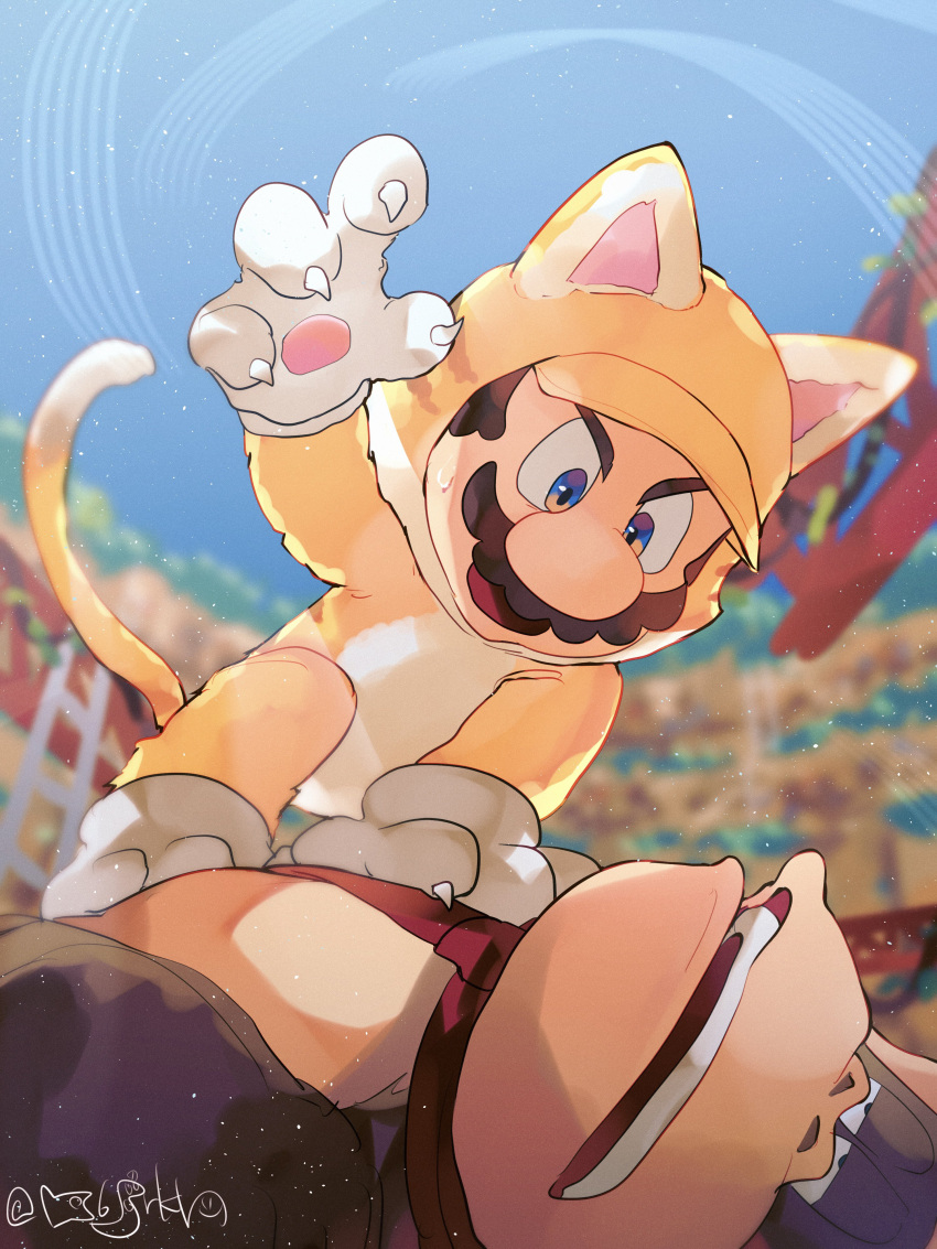 2boys, absurdres, blue_eyes, blue_sky, brown_hair, cat_mario, day, donkey_kong