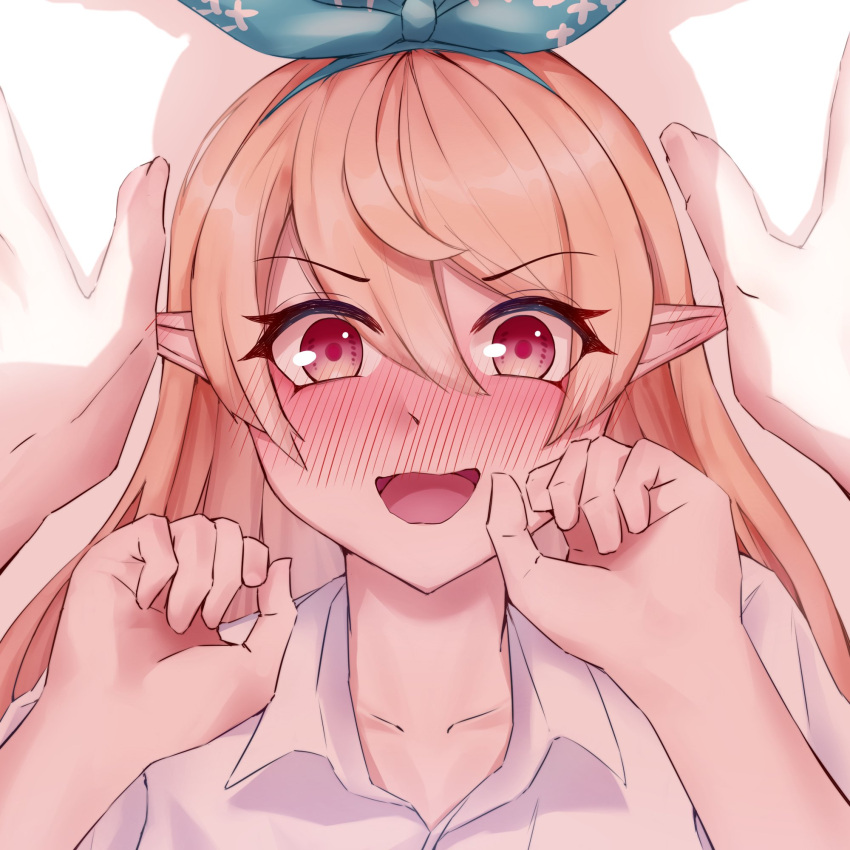2girls, against_wall, blonde_hair, blush, cgator, collarbone, collared_shirt, elf, elira_pendora, highres, kabedon, long_hair, looking_at_viewer, multiple_girls, nijisanji, nijisanji_en, open_mouth, pink_eyes, pointy_ears, pomu_rainpuff, pov, shadow, shirt, short_sleeves, upper_body, virtual_youtuber, white_background, white_shirt