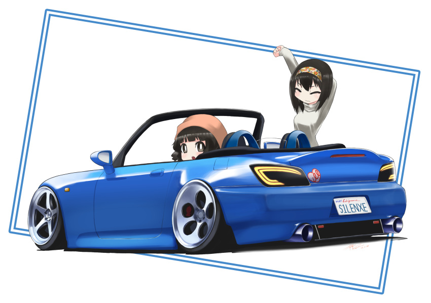 2girls, :o, artist_name, beanie, blue_border, blunt_bangs, border, breasts