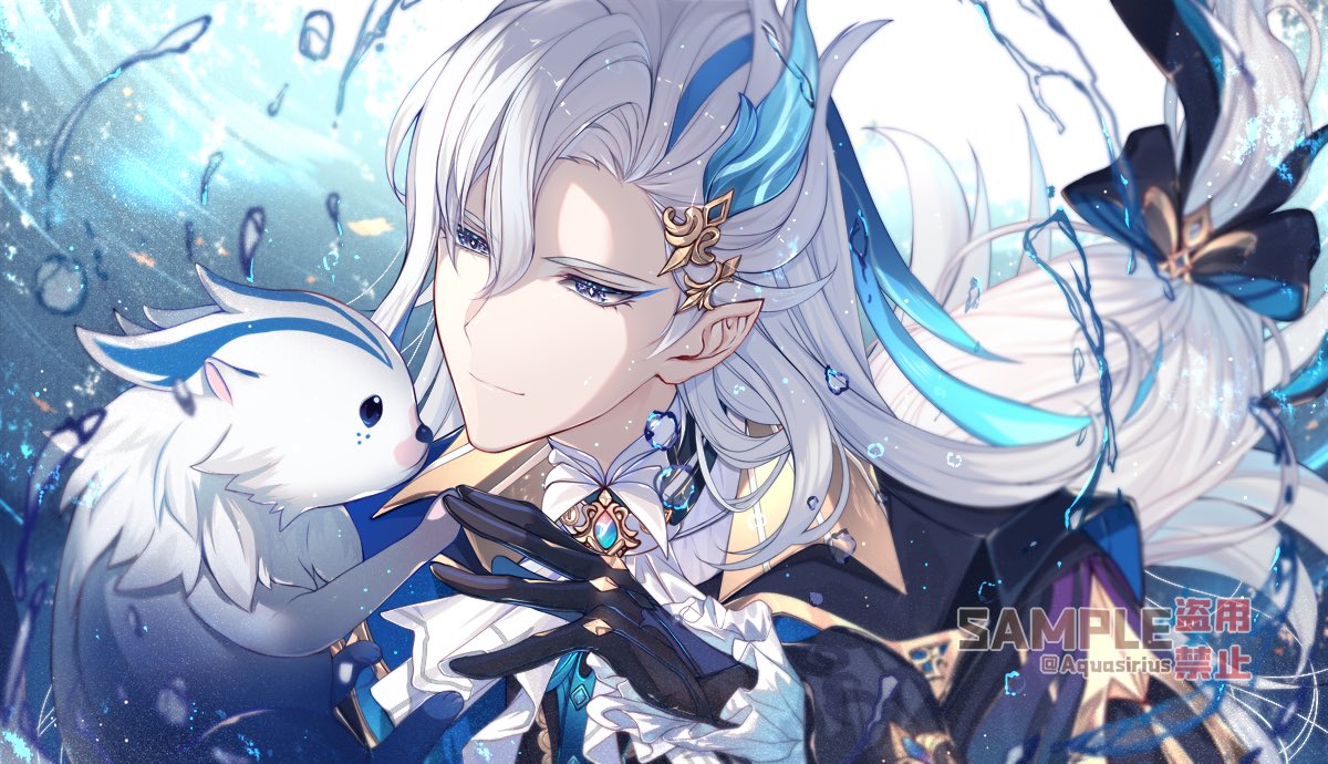 1boy, air_bubble, animal, aqueasirius, ascot, black_bow, black_coat, black_gloves