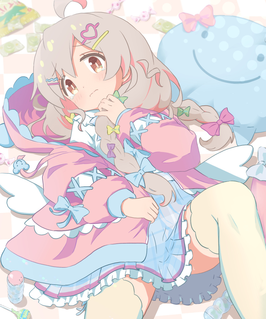 1girl, absurdres, ahoge, bow, braid, bright_pupils, brown_eyes, cafe_(owleelcafe)