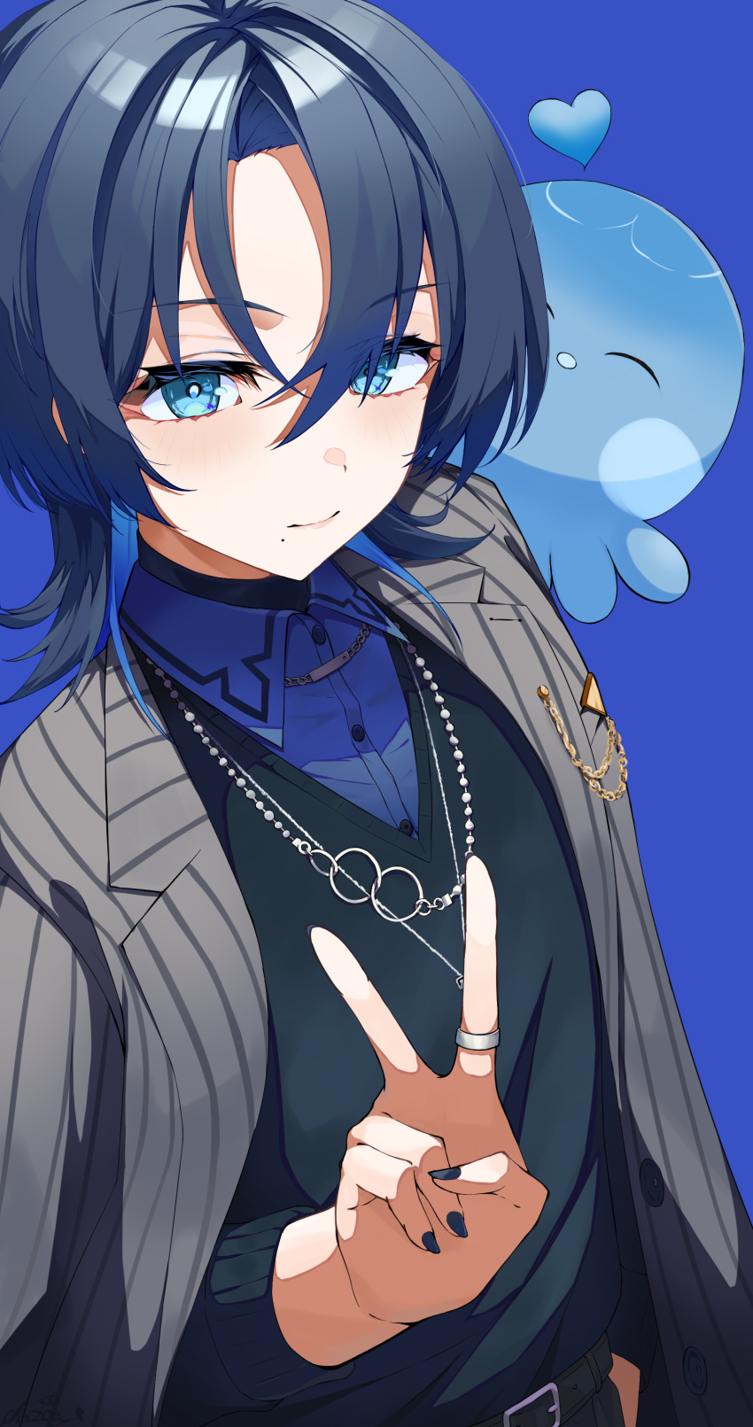 1girl, absurdres, blue_eyes, blue_hair, blue_nails, hair_between_eyes, heart, highres, hiodoshi_ao, hololive, jacket, jacket_on_shoulders, jewelry, light_smile, looking_at_viewer, mole, mole_under_mouth, nail_polish, nazca_(yhan_mie), necklace, pinstripe_jacket, pinstripe_pattern, reverse_trap, ring, short_hair, striped, sweater_vest, tomboy, v, virtual_youtuber
