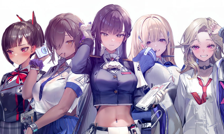 5girls, absurdres, armor, blonde_hair, bow, bowtie, brown_eyes, brown_hair