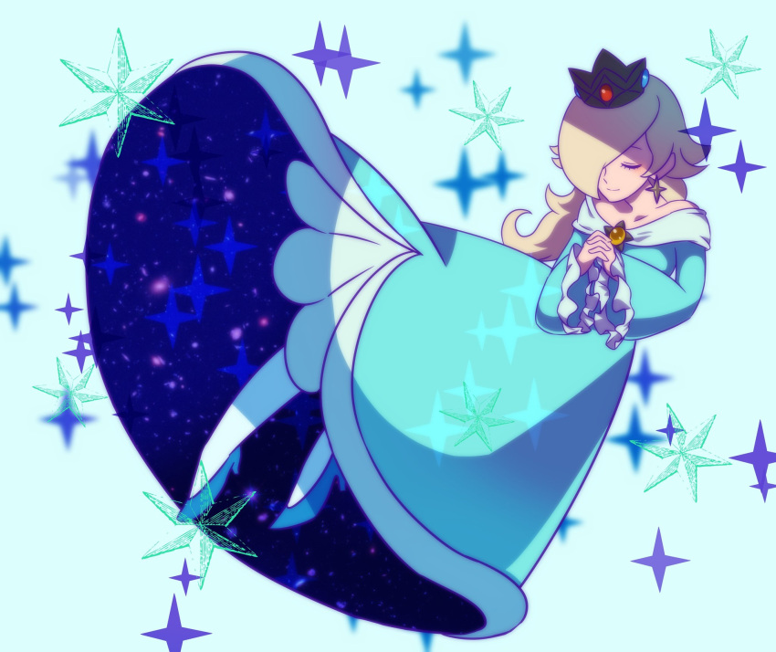 1girl, aqua_dress, bare_shoulders, blonde_hair, blue_footwear, brooch, closed_eyes, commentary_request