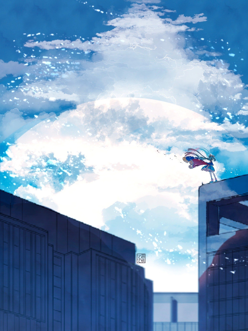 1girl, artist_name, blue_cape, blue_dress, blue_footwear, blue_hair, blue_sky, boots