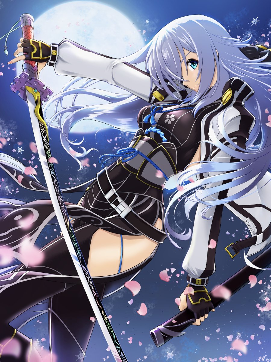 1girl, black_gloves, blue_eyes, cherry_blossoms, chiga_akira, coat, eiyuu_densetsu, falling_petals