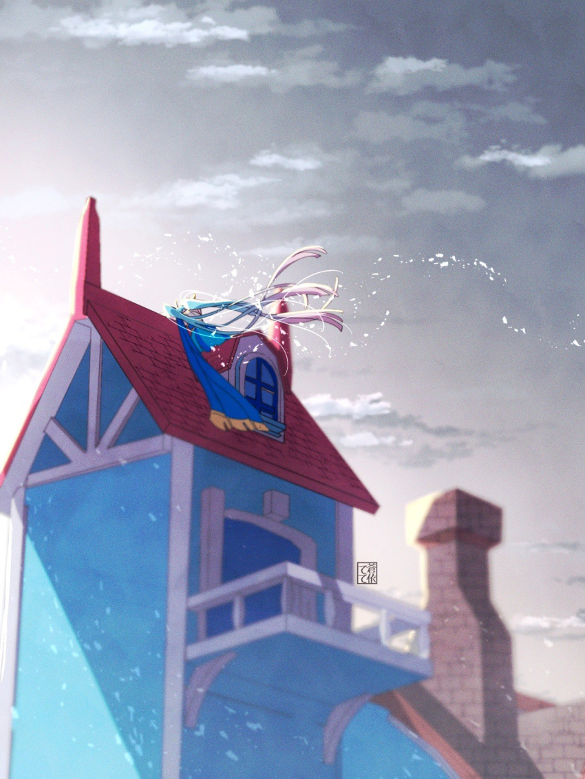 1girl, artist_name, backlighting, blue_cape, blue_dress, blue_hair, blue_sky, building