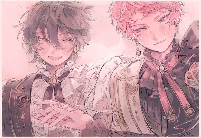 2boys, black_hair, black_shirt, blue_eyes, blush, border, ensemble_stars!, facing_viewer, formal, heterochromia, highres, itsuki_shu, kagehira_mika, le_temps_des_fleurs_(ensemble_stars!), long_sleeves, looking_at_another, multiple_boys, pink_hair, rokublue, shirt, short_bangs, short_hair, valkyrie_(ensemble_stars!), violet_eyes, white_border, white_shirt, yellow_eyes