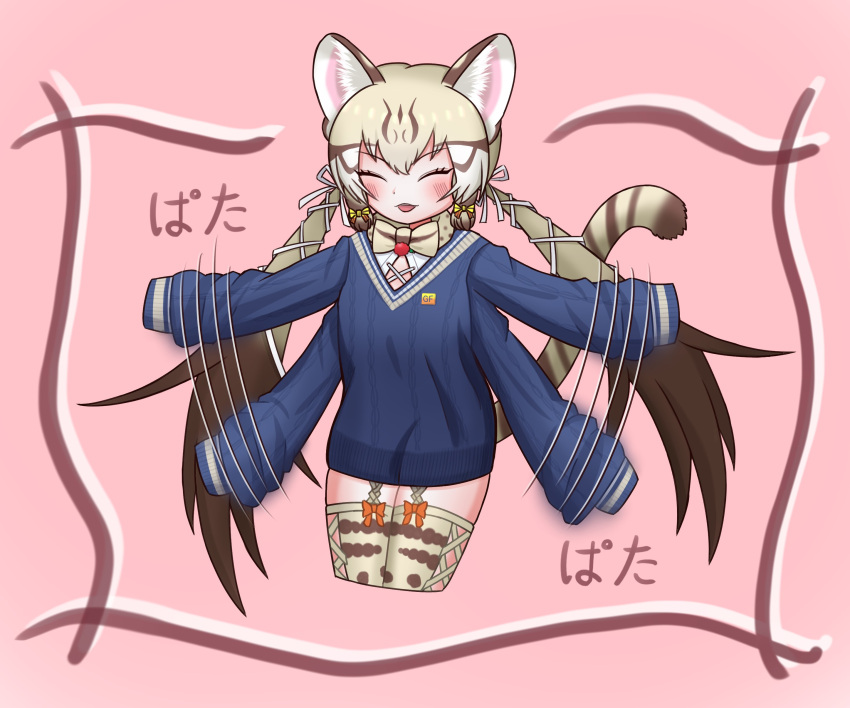 1girl, absurdres, animal_ears, bow, bowtie, cardigan, cat_ears, cat_girl, cat_tail, equalarrow, extra_ears, geoffroy's_cat_(kemono_friends), grey_hair, highres, kemono_friends, kemono_friends_v_project, kneehighs, long_hair, microphone, pink_background, ribbon, shirt, simple_background, socks, solo, tail, twintails, virtual_youtuber
