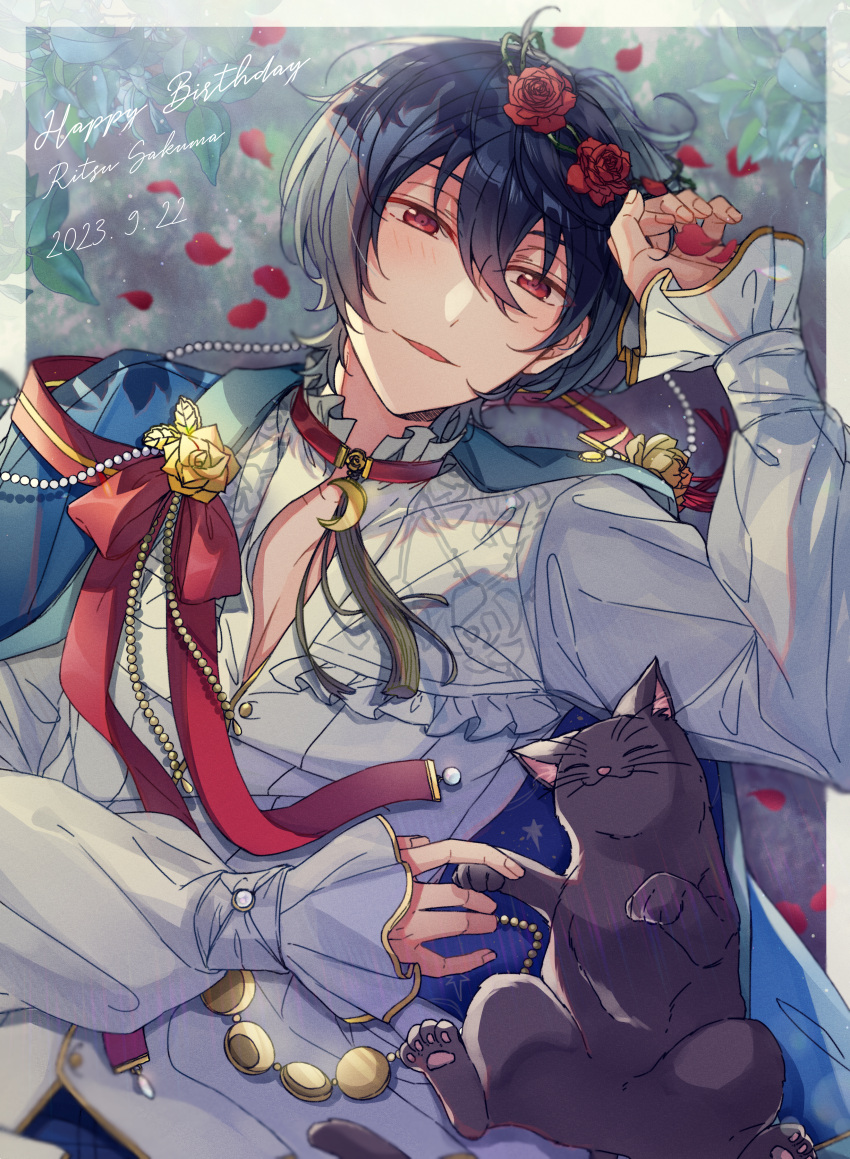 1boy, 2023, absurdres, black_cat, black_hair, cat, character_name, crown_of_thorns