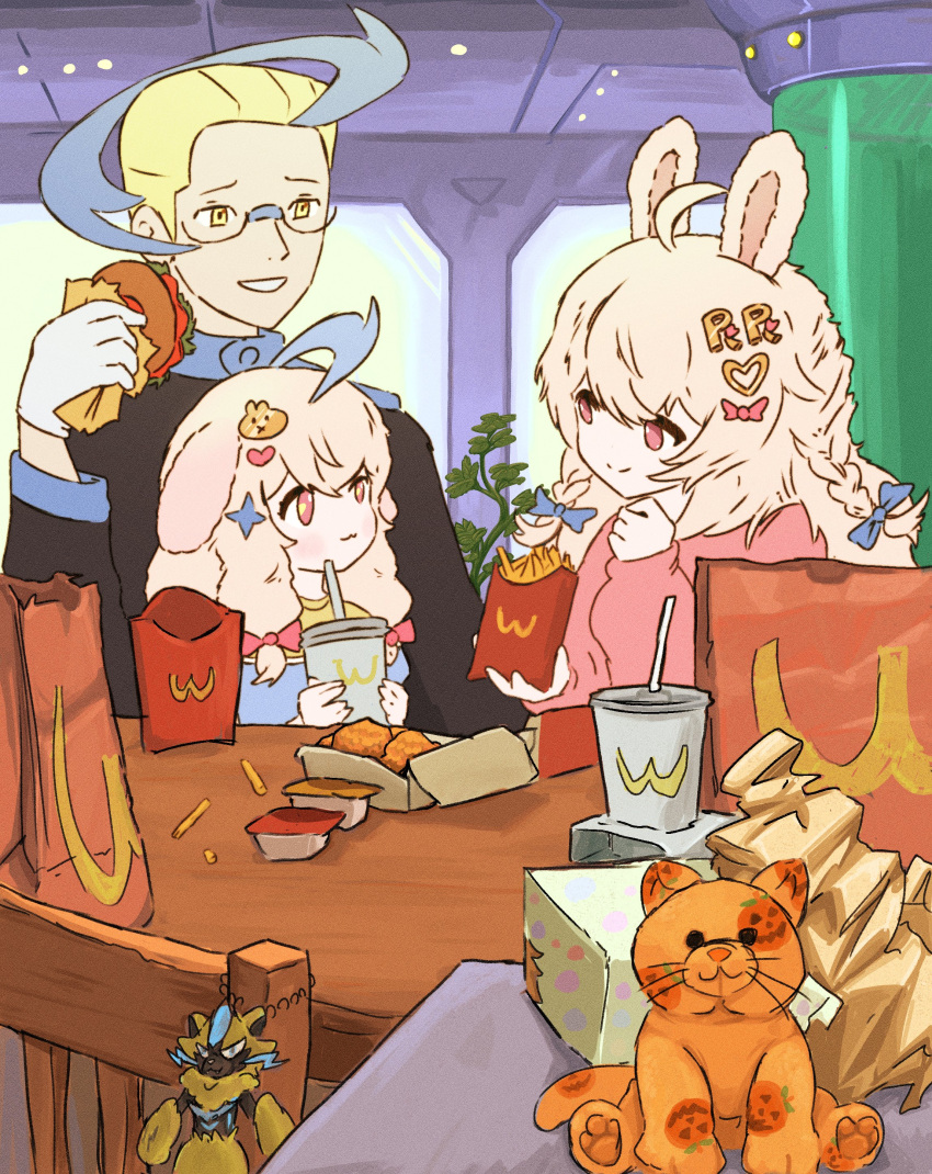 1boy, 2girls, absurdres, ahoge, animal_ears, blonde_hair, blue_bow, bow, braid, brand_name_imitation, burger, chair, character_request, child, closed_mouth, commentary, cup, disposable_cup, english_commentary, fast_food, food, french_fries, h@nk, hair_bow, hair_ornament, hairclip, heart, heart_hair_ornament, highres, holding, holding_cup, holding_food, ketchup, light_brown_hair, long_hair, long_sleeves, looking_at_another, mcdonald's, multiple_girls, parody, phase_connect, pink_eyes, pipkin_pippa, rabbit_ears, rabbit_girl, rabbit_hair_ornament, restaurant, smile, soda, split_mouth, stuffed_animal, stuffed_toy, table, twin_braids, virtual_youtuber, wcdonalds, yellow_eyes