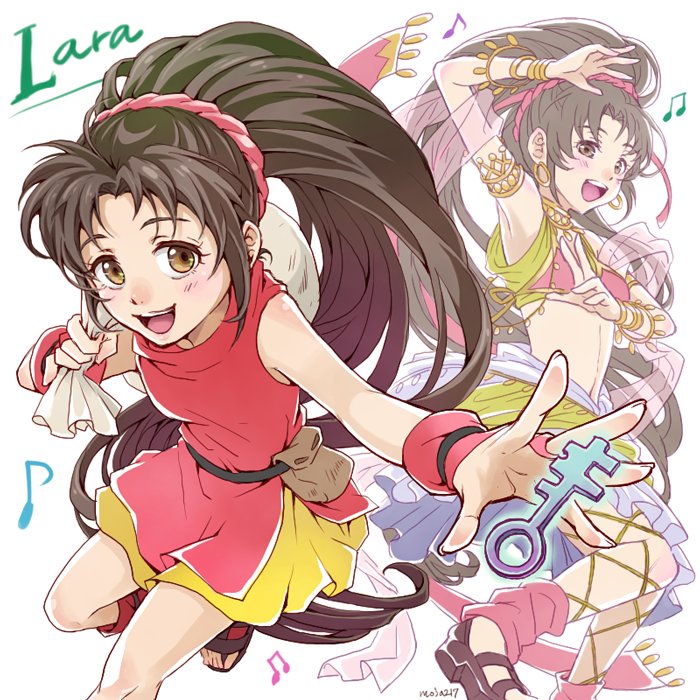 bare_shoulders, brown_eyes, brown_hair, fire_emblem, high_ponytail, holding, holding_sack, key