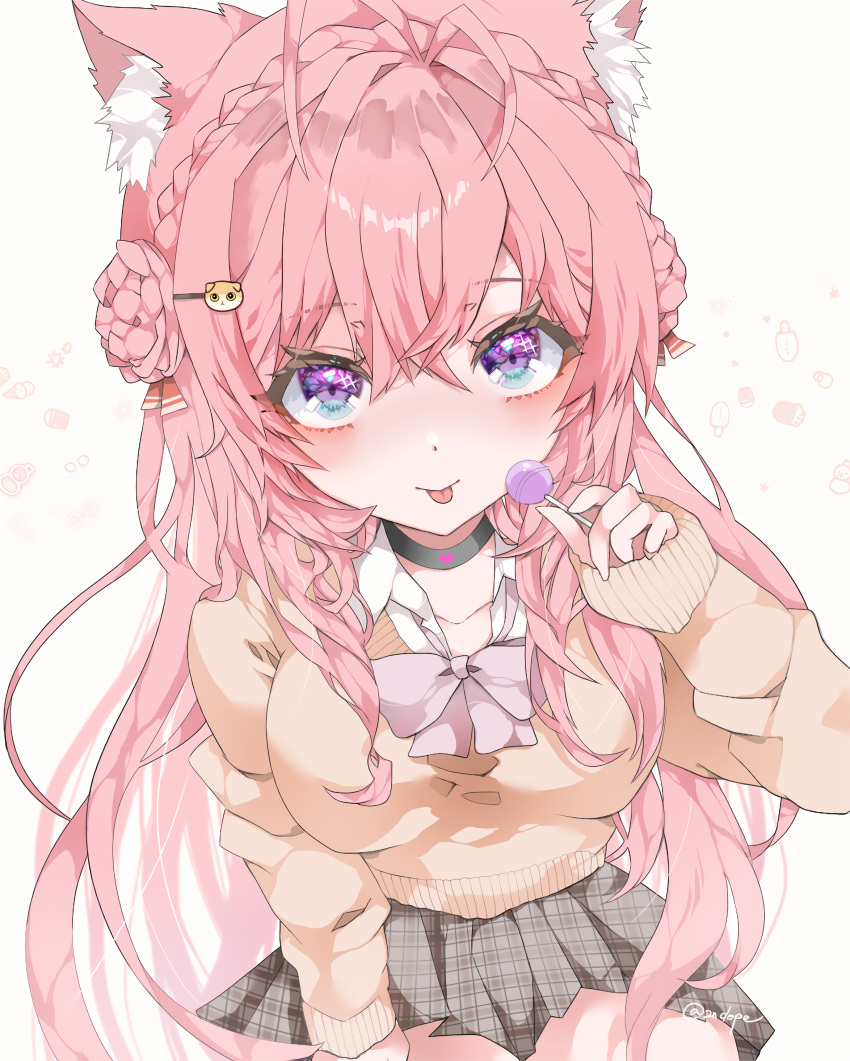 1girl, 2ndope, absurdres, alternate_costume, animal_ear_fluff, animal_ears, antenna_hair, aqua_eyes, artist_name, black_choker, blush, bow, braid, braided_bun, breasts, brown_background, brown_skirt, candy, cardigan, cat_hair_ornament, chiikoyo_(hakui_koyori), choker, closed_mouth, collarbone, commentary, crown_braid, dot_nose, eyelashes, food, food-themed_background, fox_ears, fox_girl, from_above, hair_between_eyes, hair_bun, hair_ornament, hair_ribbon, hairclip, hakui_koyori, heart, heart_choker, highres, holding, holding_candy, holding_food, holding_lollipop, hololive, large_breasts, lollipop, long_hair, long_sleeves, looking_at_viewer, pink_bow, pink_hair, plaid, plaid_skirt, red_ribbon, ribbon, school_uniform, skirt, sleeves_past_wrists, smile, solo, thighs, tongue, tongue_out, twitter_username, two-tone_eyes, violet_eyes, virtual_youtuber, yellow_cardigan