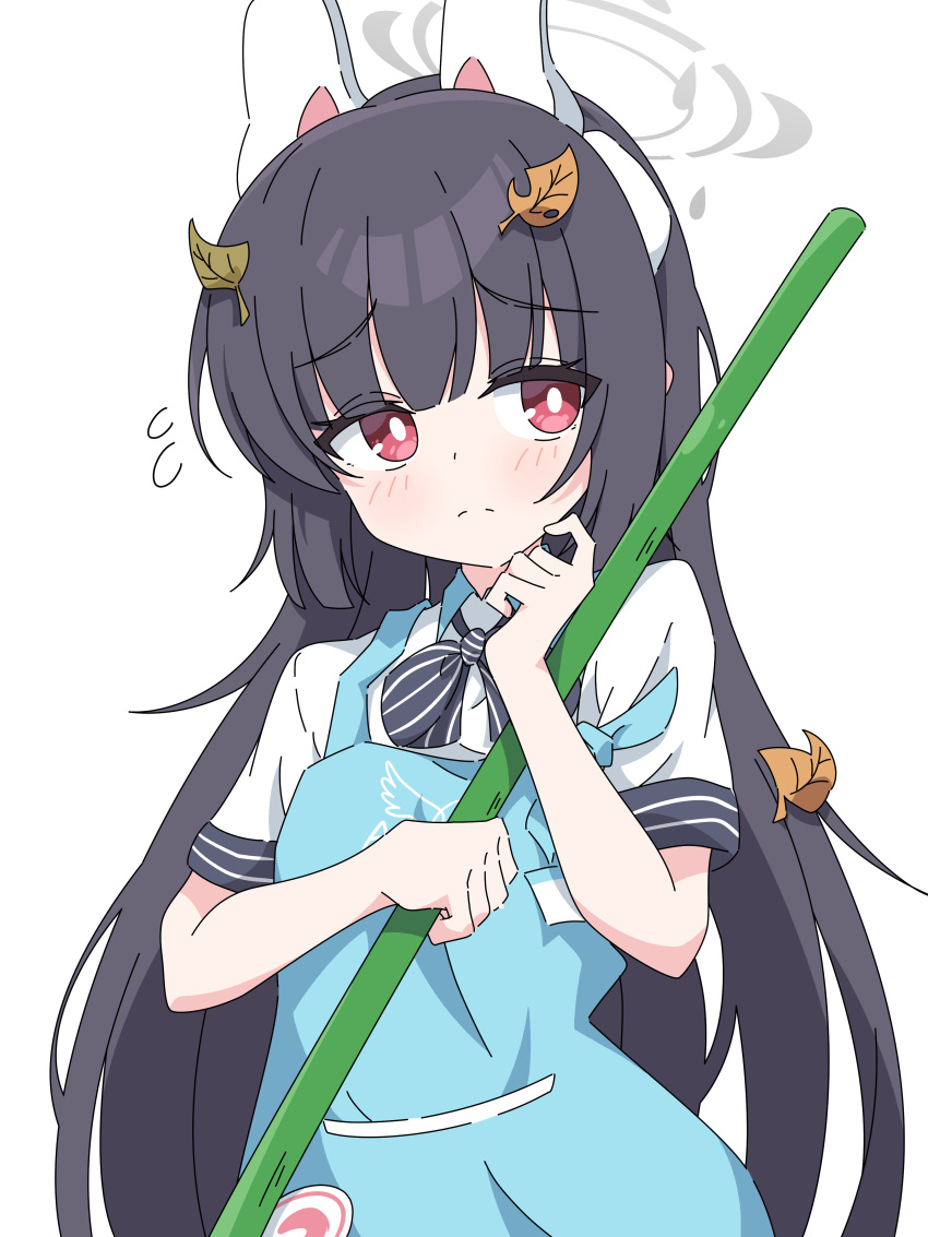 1girl, absurdres, apron, black_bow, black_bowtie, black_hair, blue_apron, blue_archive