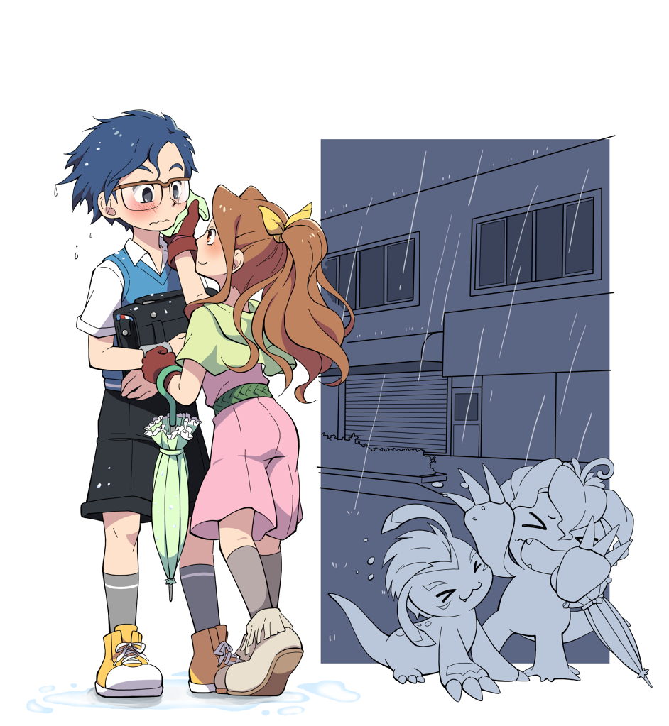 :3, ass, black_shorts, blue_hair, blush, brown_gloves, digimon, digimon_(creature)