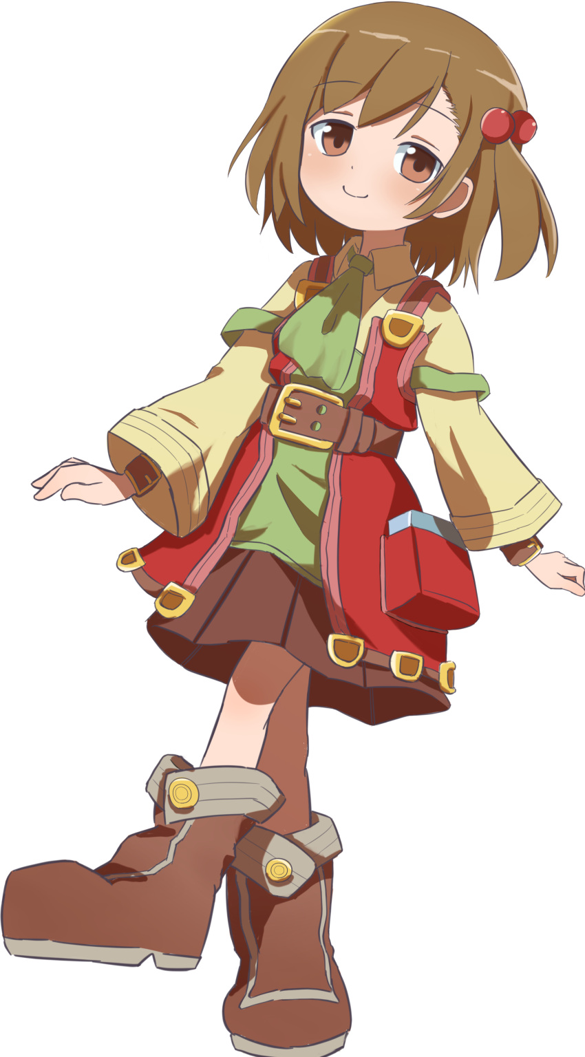 1girl, absurdres, belt, boots, brown_eyes, brown_hair, hair_bobbles, hair_ornament, highres, ktmthe2nd, one_side_up, recette_lemongrass, recettear, smile, solo, white_background, wide_sleeves