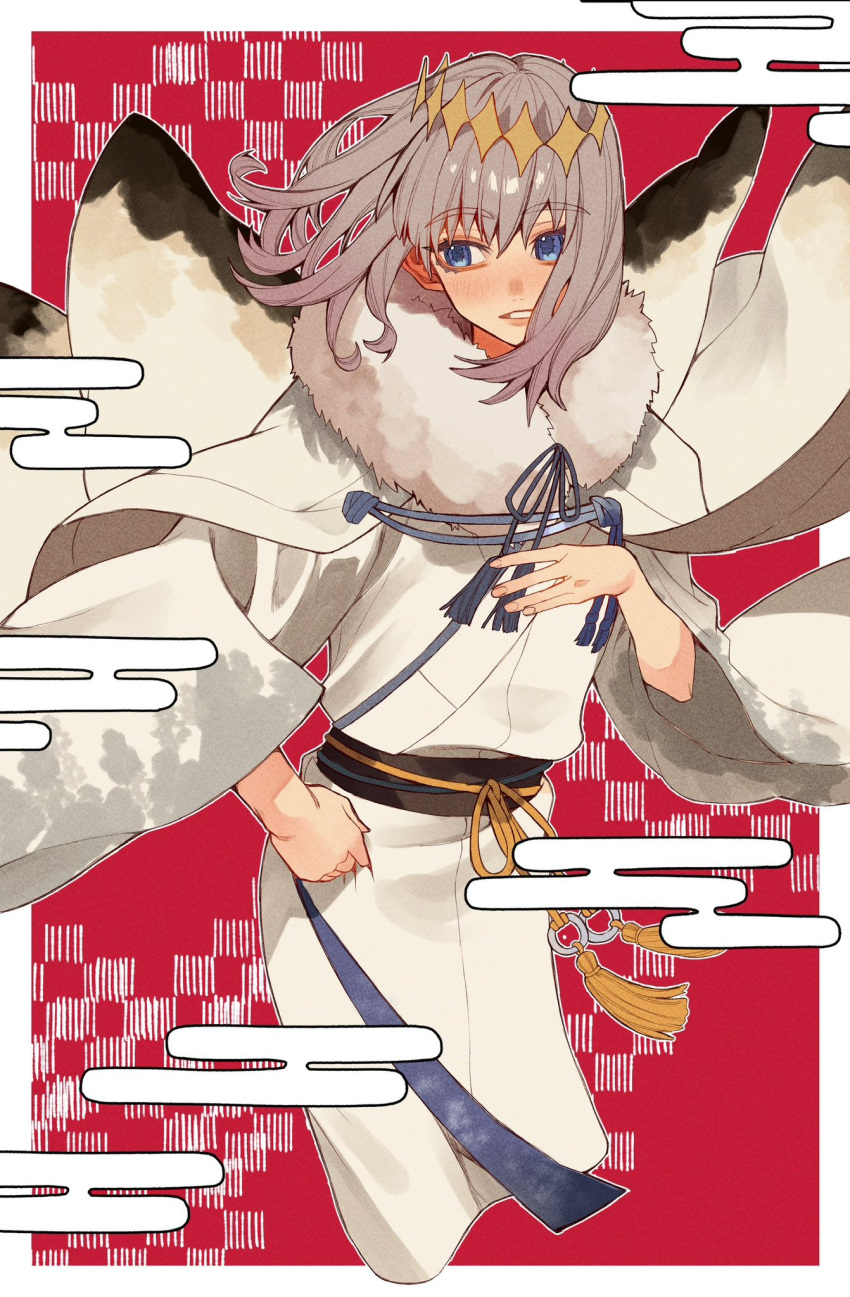 1boy, alternate_costume, black_ribbon, blue_eyes, border, diamond_hairband, egasumi, fate/grand_order
