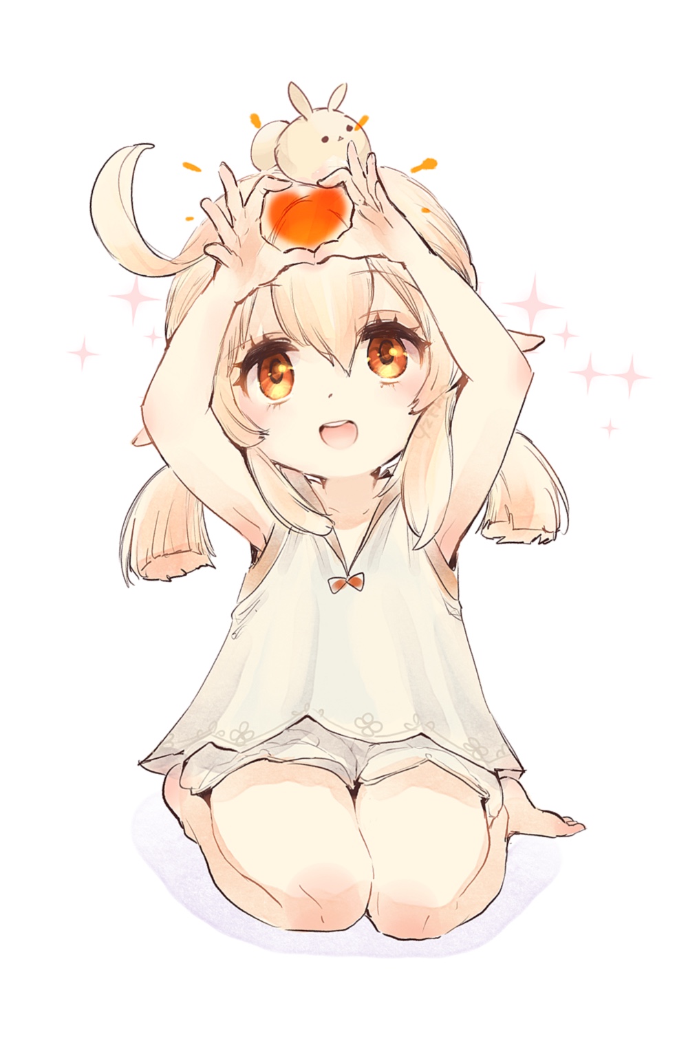 1girl, ahoge, armpits, arms_up, bloomers, collarbone, genshin_impact, highres, klee_(genshin_impact), kneeling, light_brown_hair, low_twintails, pointy_ears, simple_background, sleepwear, sparkle, toro_astro, twintails, underwear, white_background