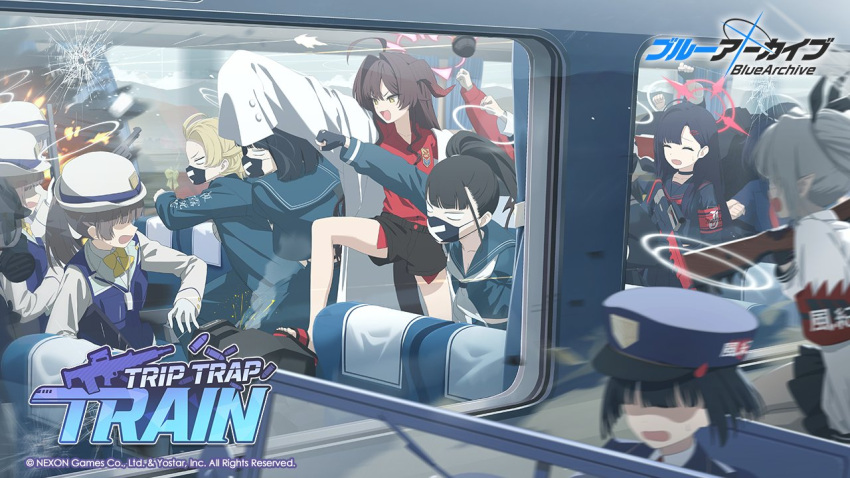 6+girls, blue_archive, copyright_name, dark-skinned_female, dark_skin, english_text, explosion, halo