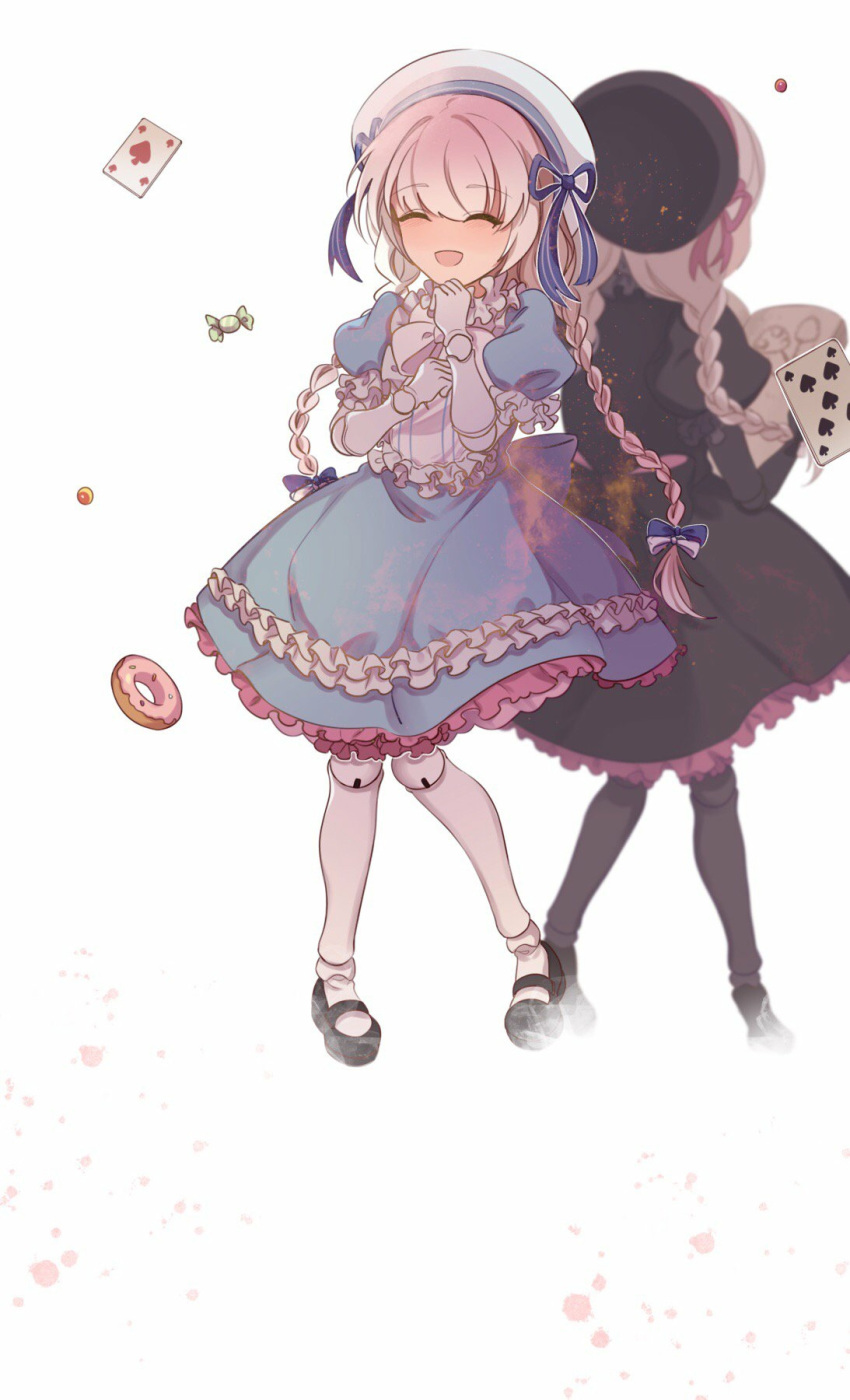 2girls, alice_(fate), beret, book, bow, braid, candy, card