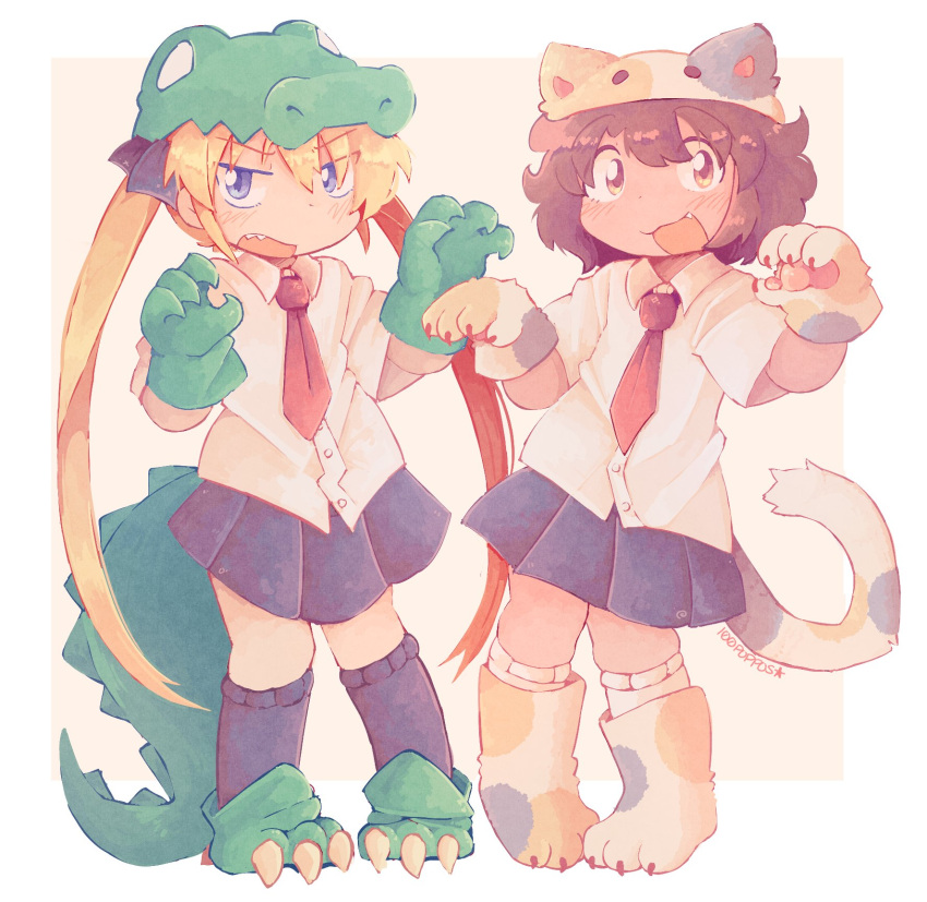 >:(, 2girls, :d, animal_costume, animal_ears, animal_hands, animal_hat, black_ribbon